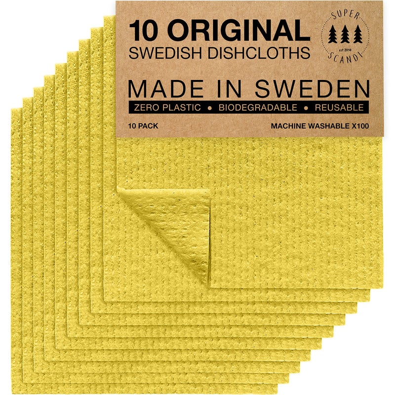 SUPERSCANDI 10 Pack Swedish Dishcloths for Kitchen - 100% Biodegradable & Compostable Reusable Paper Towels Washable, Food-Safe & Without Plastic - Dish Rags Suitable for Any Surface, Yellow - Image 1